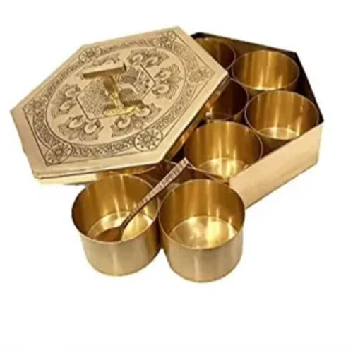Pure Brass Hexagonal Spice Box With Lid And Spoon