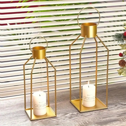 2PCS Golden Metal Iron Table Top Hanging Lantern Candle Holder Set of 2