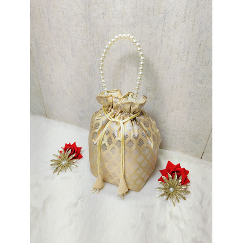 Banarasi Golden Silk Potli Bag With Pearl Handle