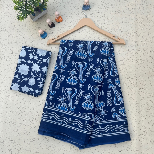 Mulmul Blue Color Cotton Saree