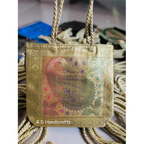 10 by 10 Golden Color Banarasi Silk Tote Bag