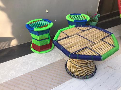 Cane Bar Jute Mudha Stool With table, Set Of 3