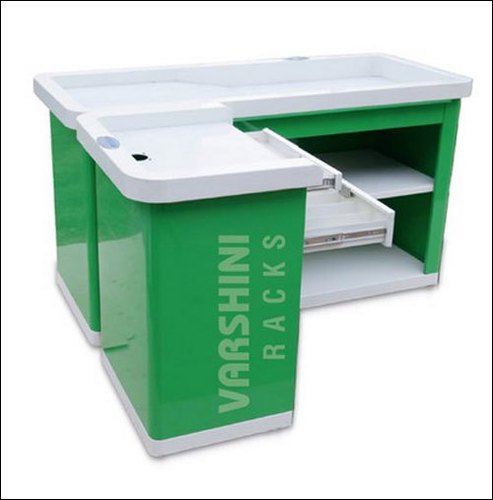L Shaped Cash Desk Counter - Stainless Steel, 5x3x3 Feet, White and Green | High Quality, Powder Coa