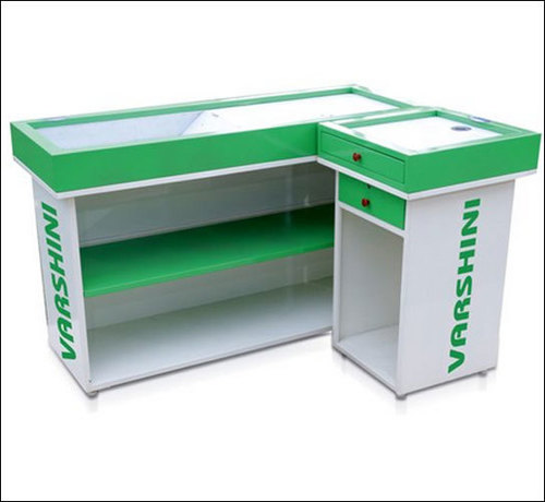 Stainless Steel L Shape Shop Cash Desk Counter - 3 Feet Height, White and Green Powder Coated Finish