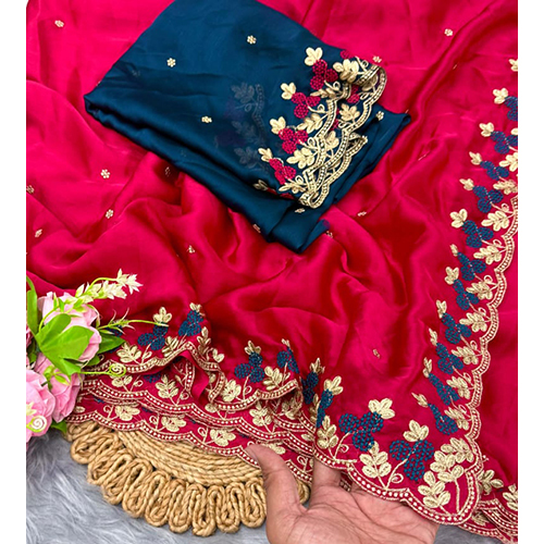 Satin Chiffon Fabric With C-Pallu Heavy Embroidary Work With Contrast Heavy Embroidary Blouse - Colo