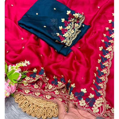 Satin Chiffon Fabric With C-Pallu Heavy Embroidary Work With Contrast Heavy Embroidary Blouse - Colo