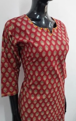 Ladies Red Short Top - Cotton Fabric, Size M To 5XL, 3/4 Sleeve, Round Neck Style, Printed Pattern |