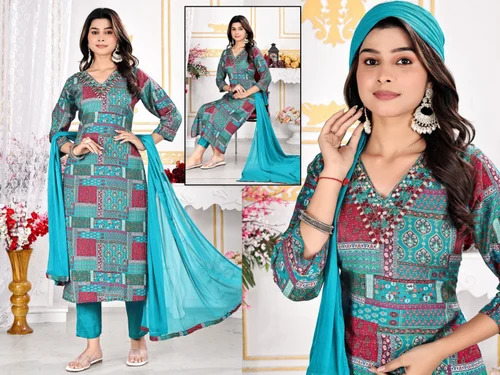 Muslin Kurti Pant Dupatta Set - Color: Multicolor
