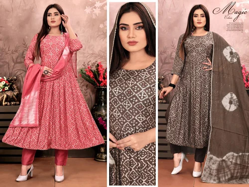 3 Pc Set Nayra Cut Kurti Pant Dupatta - Color: Multicolor