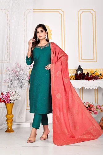 Silk Kurti Pant Dupatta Set - Color: Multicolor