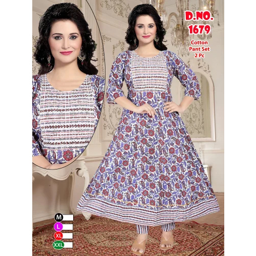 Anarkali Designer Kurti - Cotton Material, 50 Inches Length, Available in Various Colors, 3-4th Slee
