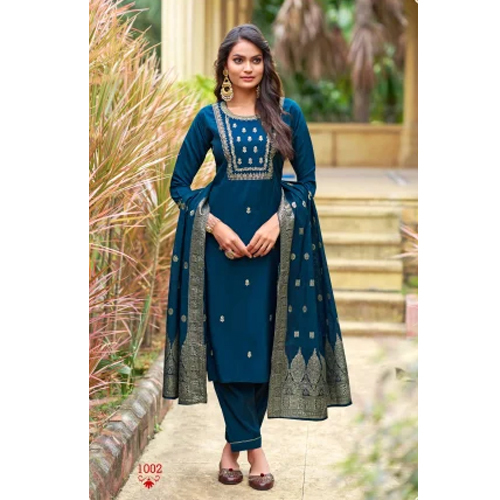 Ladies Embroidered Salwar Suit - Rayon, Sizes M & XL | Breathable, Washable, Round Neck, 3/4 Sleeves