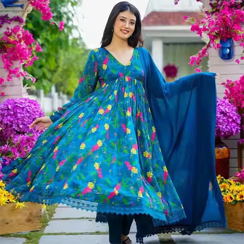 Premium Teal Blue Aanrkali Dress Floral Kurti For Women Fully Stitched Anarkali Party Wear Dress - P