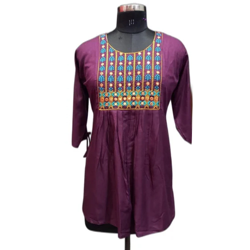 Ladies Rayon Top - Printed Summer Design, Wine Color, All Sizes, Perfect for Party Wear