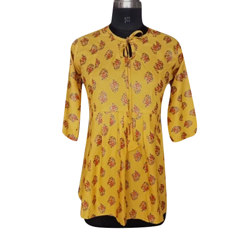 Ladies Yellow Western Top - Satin Fabric, All Size | Printed Pattern for Daily Wear in Summer