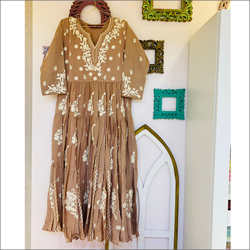 Full Sleeves Brown Cotton Calf Length Dress