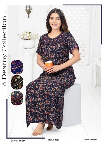 Premium Printed Alpine Embroidery Nighty - Color: Different Available