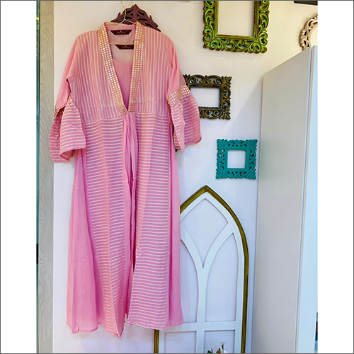 Full Sleeves Pink Cotton Calf Length Dress