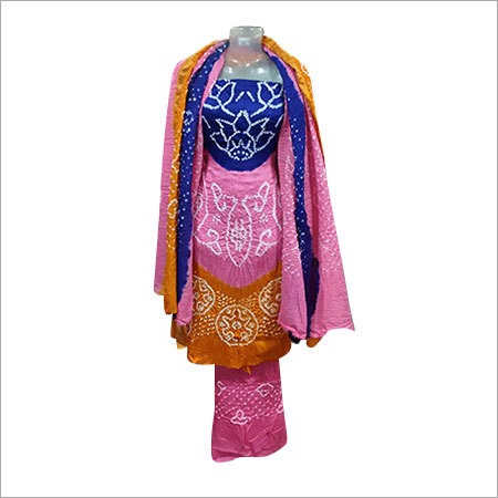Pink And Blue And Yellow Handmade Cotton Bandhani Dress Material
