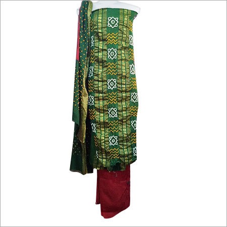 Bandhani Silk Dress Material - Cotton-Silk Blend, Large to XXS Sizes, Vibrant Green and Red Colors -