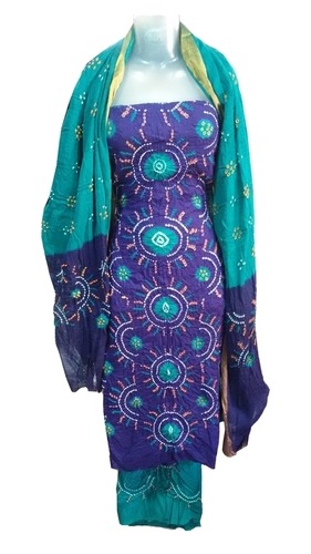 Blue And Green Women Cotton Satin Bandhani