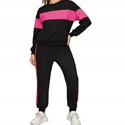 Premium Design Ladies Tracksuit - Cotton Blend, Sizes M to XXXL | Black and Pink, Stitched for Summe