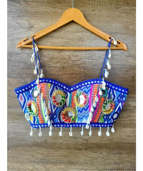 Italain Navratri Wear Mirror Work Readymade Blouse - Neck Style: V-Neck
