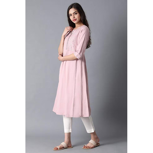 W Lilac Round Neck A-Line Kurta - Lightweight Cotton Blend, Printed Summer Design | Washable, Casual