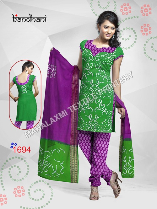 Green And Dark Pink Bandhani Dress Materials