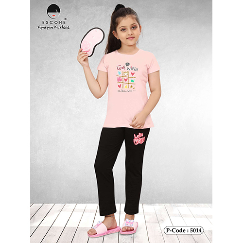 Girls Printed Night Suit - Cotton Corduroy, Short Sleeves, Various Colors | Breathable, Washable, Mo