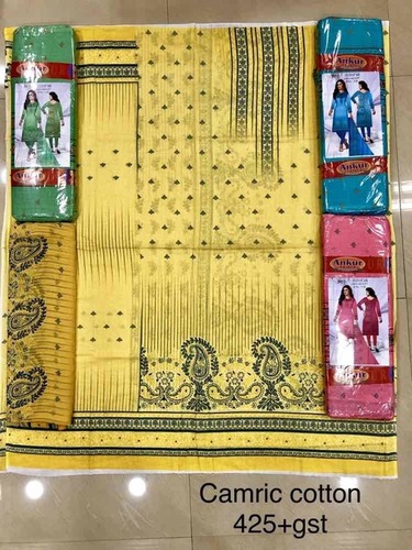Yellow Camric Print Cotton Suit With Chiffon Dupatta