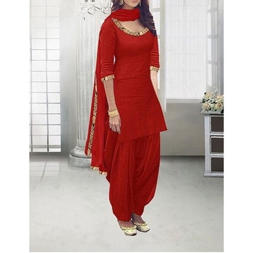 Party Wear Patiala Suit - Cotton, 3/4th Sleeve, Red | Color Fastness, Shrink Resistance, Comfortable