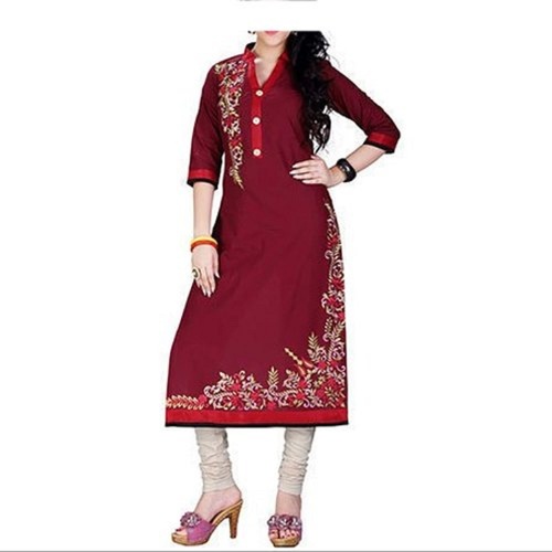 Casual Wear Ladies Kurta - Lightweight Cotton, Red Color | Embroidered Pattern, Breathable & Quick D