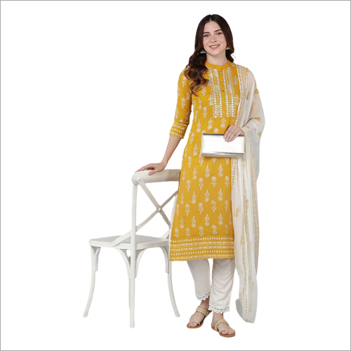Pant Dupatta Kurti Set - Cotton Fabric, Mustard Color, Embroidered Top, 3-Piece Collection | Stylish
