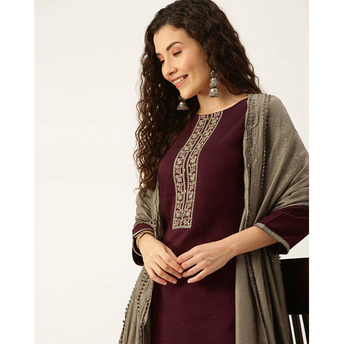 Designer Suit - Cotton Blend, Standard Bust & Shoulder Sizes, Maroon Color, Full Length Kurta Set | 