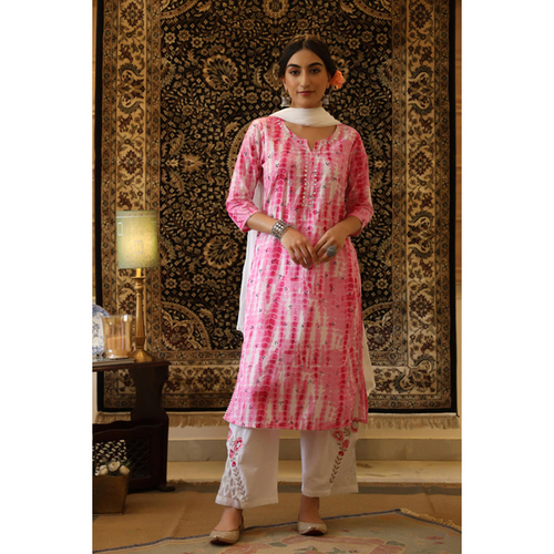 Party Wear Suit - Cotton Blend, Medium Size, Pink and White Tie-Dye Pattern | Lightweight, Comfortab