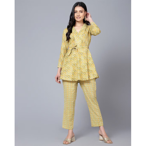 Coord Set - Cotton Blend, Sizes S-M-L, Floral Print, Yellow Color, Calf-Length Skirt, Three-Quarter 