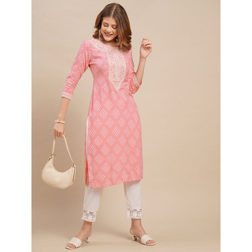 Fancy Kurti - Cotton Blend, Knee-Length, Pink with Embroidery | 3/4th Sleeves, Comfortable Lightweig