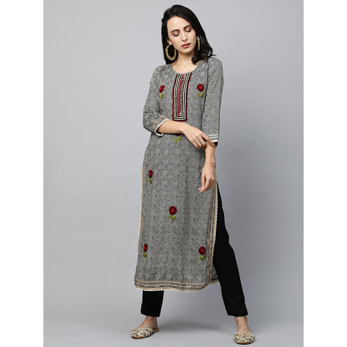 Party Wear Kurti - Cotton Fabric, Free Size, Grey Color | Exquisite Embroidery, Floral Print, Knee-L