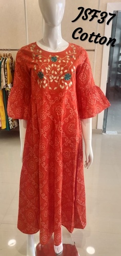 Orange A-Line Embroidered Cotton Jaipuri Kurti