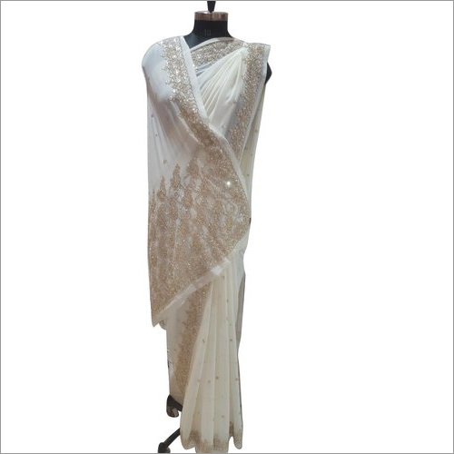 Ladies Hand Embroidery White Saree - Casual Wear, Suitable for Rainy, Spring, Summer, and Winter Sea