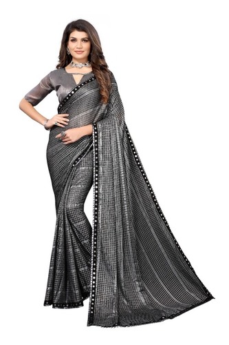 Knitted Lace Work Print Saree - High-Quality Cotton Blend with Solid Design & Elegant Border | Inclu