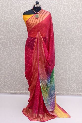 Bandhani Chiffon Saree - Premium Quality Soft Chiffon with Intricate Zari Weaving | Comes with Contr
