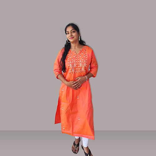 Ladies Orange Casual Embroidered Silk Suit Pant - Feature: Washable