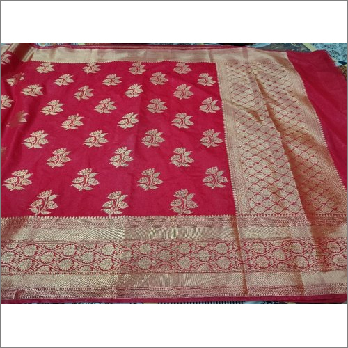 Ladies Georgette Saree - 5.5 Meters Long, 1.2 Meters Wide, Red Floral Design with Gold Border | Idea