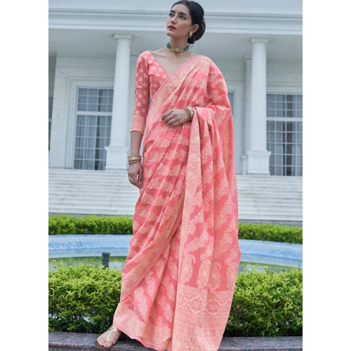 Pink Banarasi Peach Color Chikankari Weaving Saree