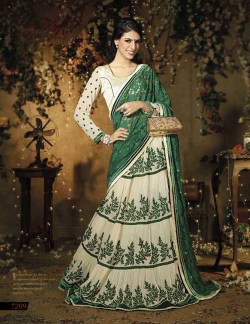 7209 - Georgette Saree with Heavy Embroidery Work, Cream and Green Lahenga Style for All Seasons