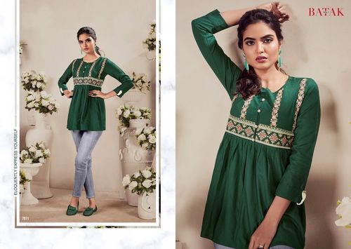 Heavy Rayon Embroidered Indo Western Kurtis - Sizes M to XXL | Multi Color, Short Sleeves, Collar Ne
