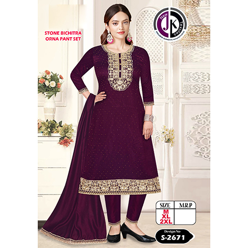 S-2671 Stone Bichitra Dupatta Pant Set - Color: Wine