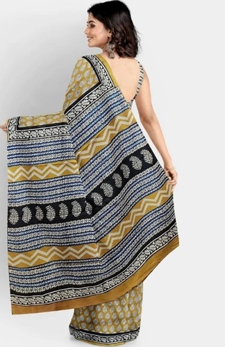 Yellow Bagru Print Cotton Saree with Blouse Piece